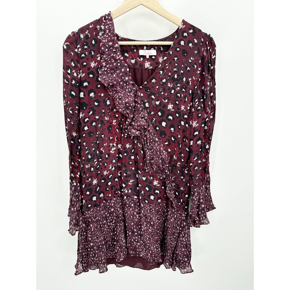 Parker Silk Blend Ruffle Faux Wrap Dress Sz M Burgundy Animal Print Boho